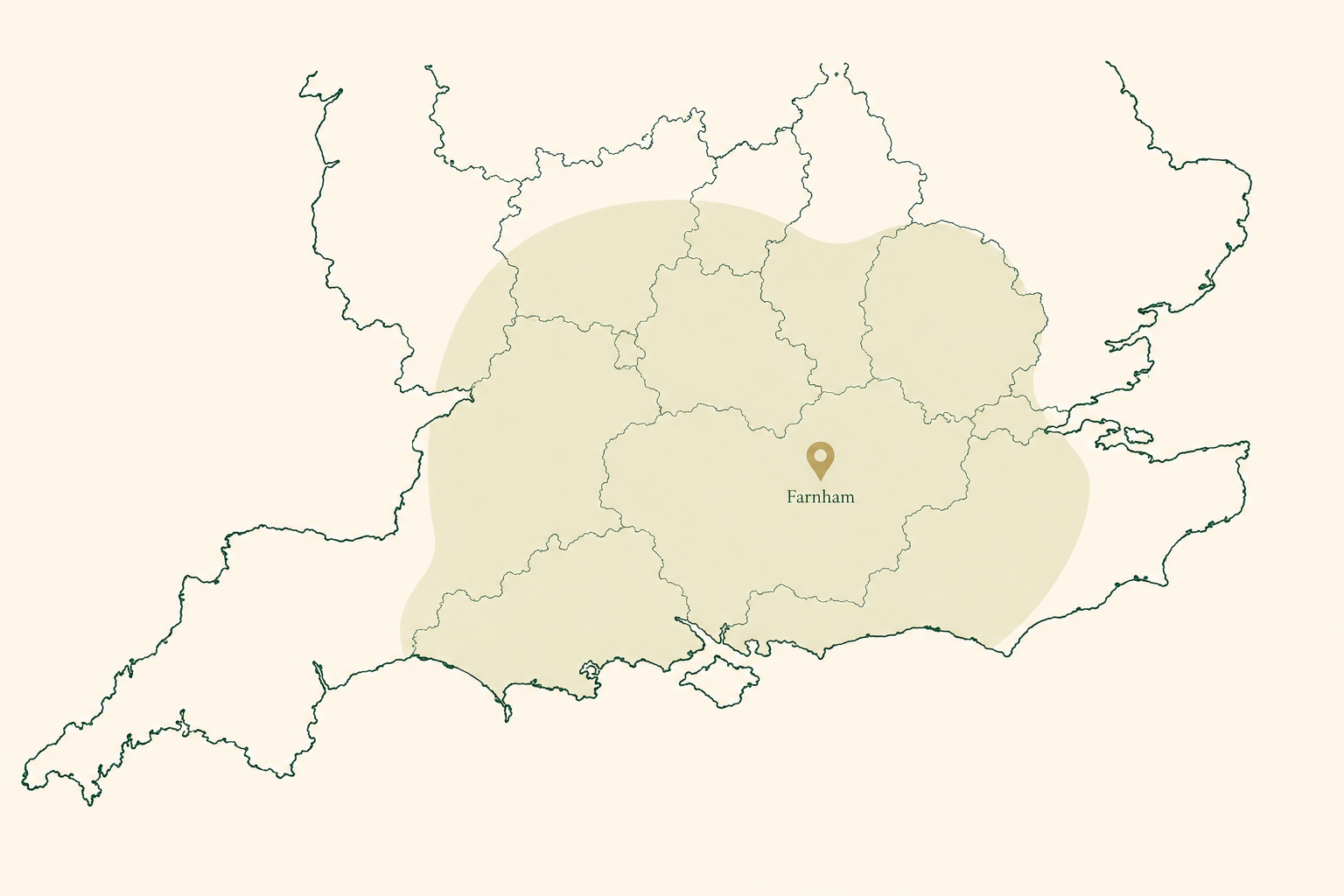 Map of southern England showing COOPER's in-person coverage area, centred on Farnham, Surrey