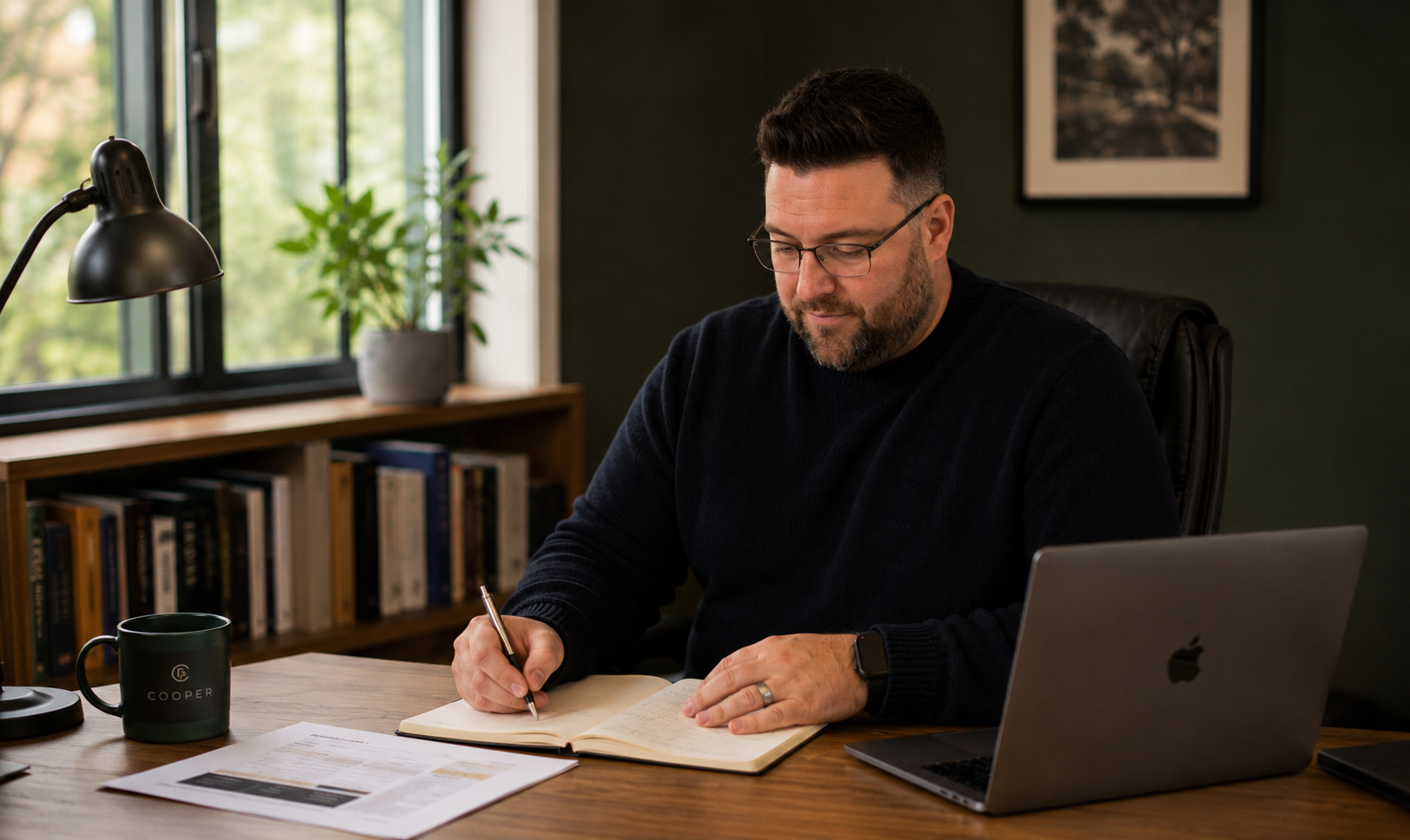 Daniel Cooper reviewing notes in a notebook beside his laptop at his desk